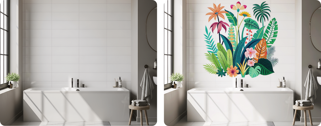Botanical Tile Wall Art Above Bathtub Bathroom Interior